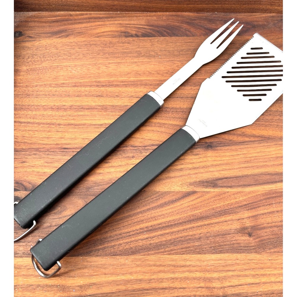 BBQ Grill Tool Set 2 Pc Stainless Steel Spatula Turner & Fork Black Handles 17"